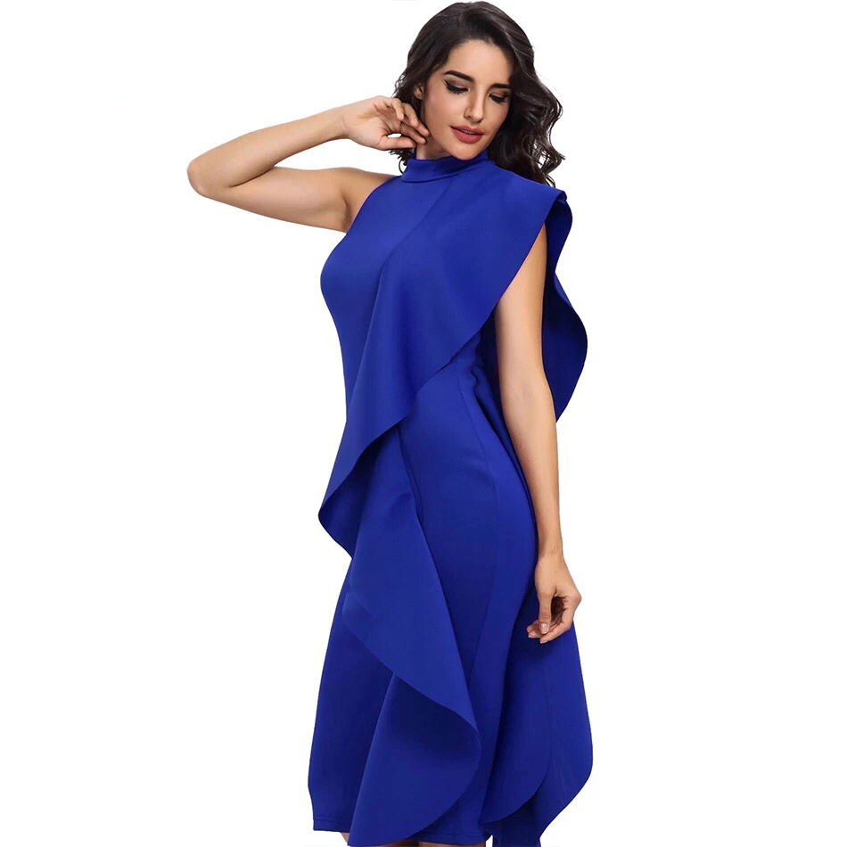 Синее платье с воланом на одно плечо