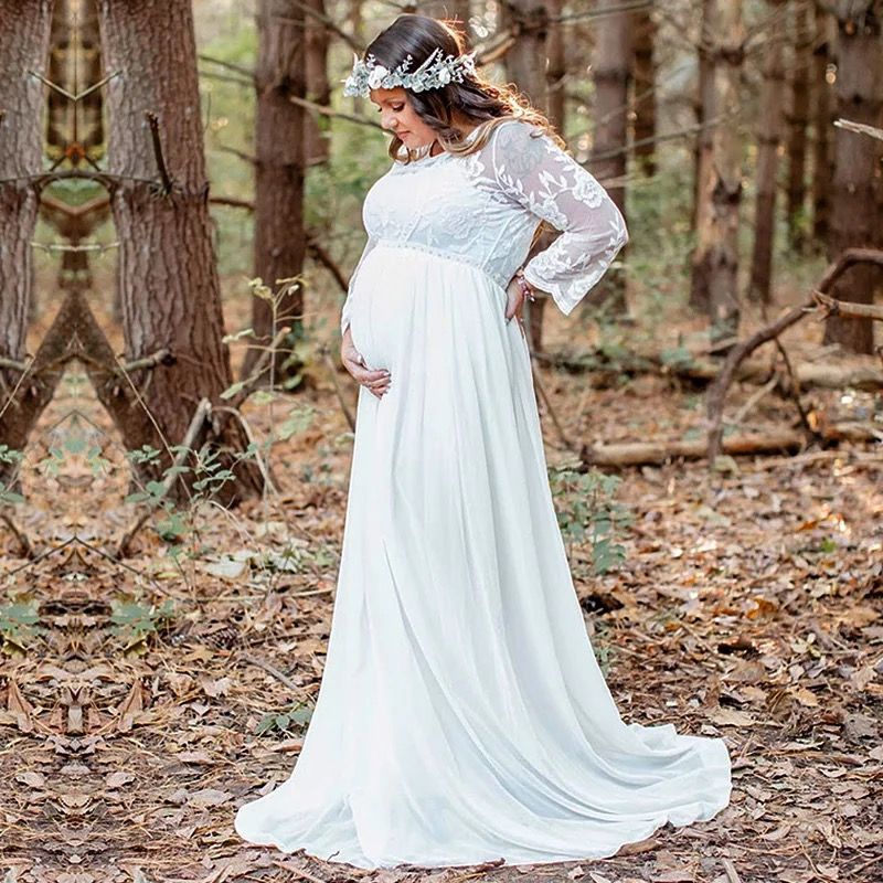 Белое платье в пол с кружевными руками для беременных