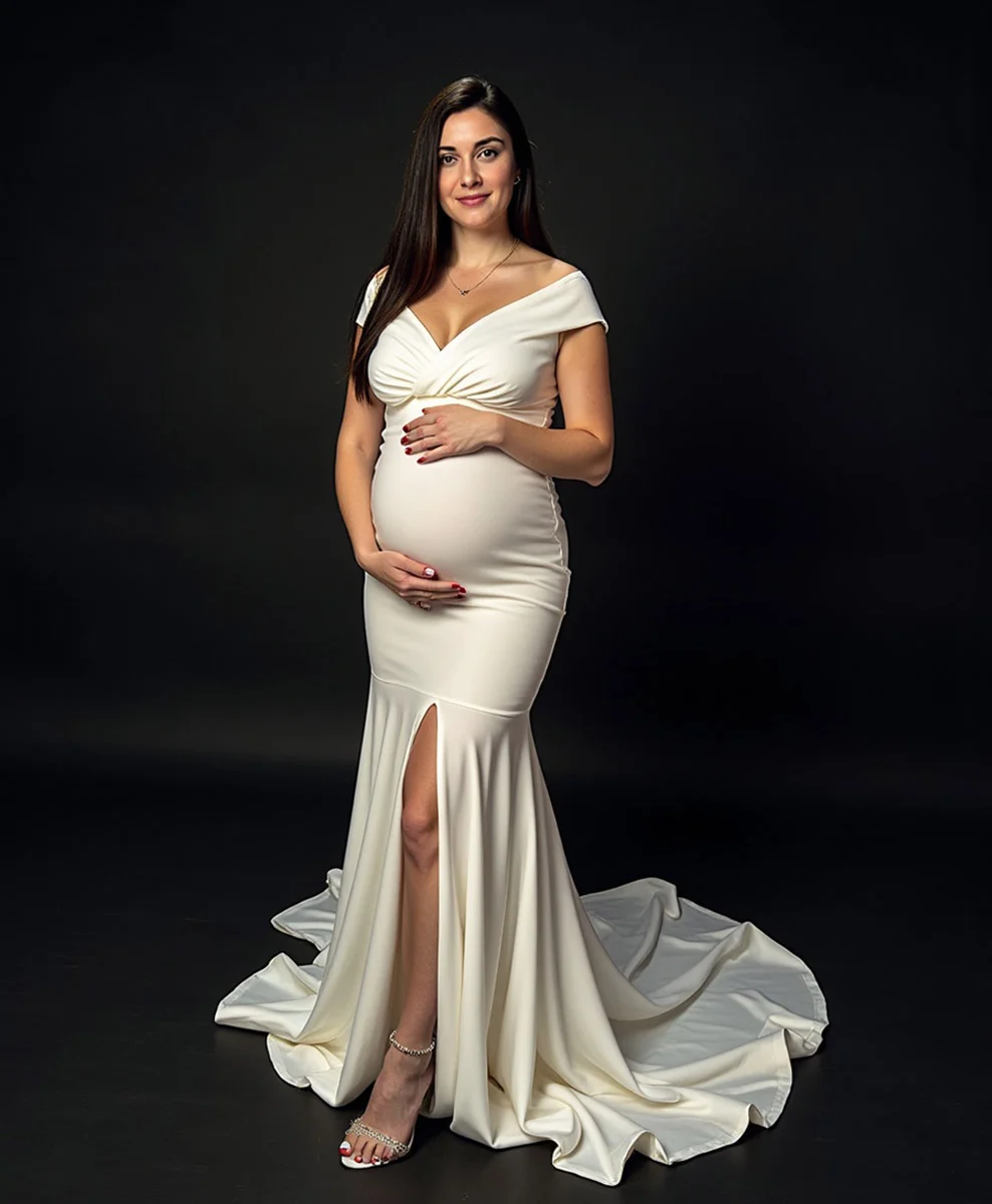 біла сукня для вагітних із шлейфом