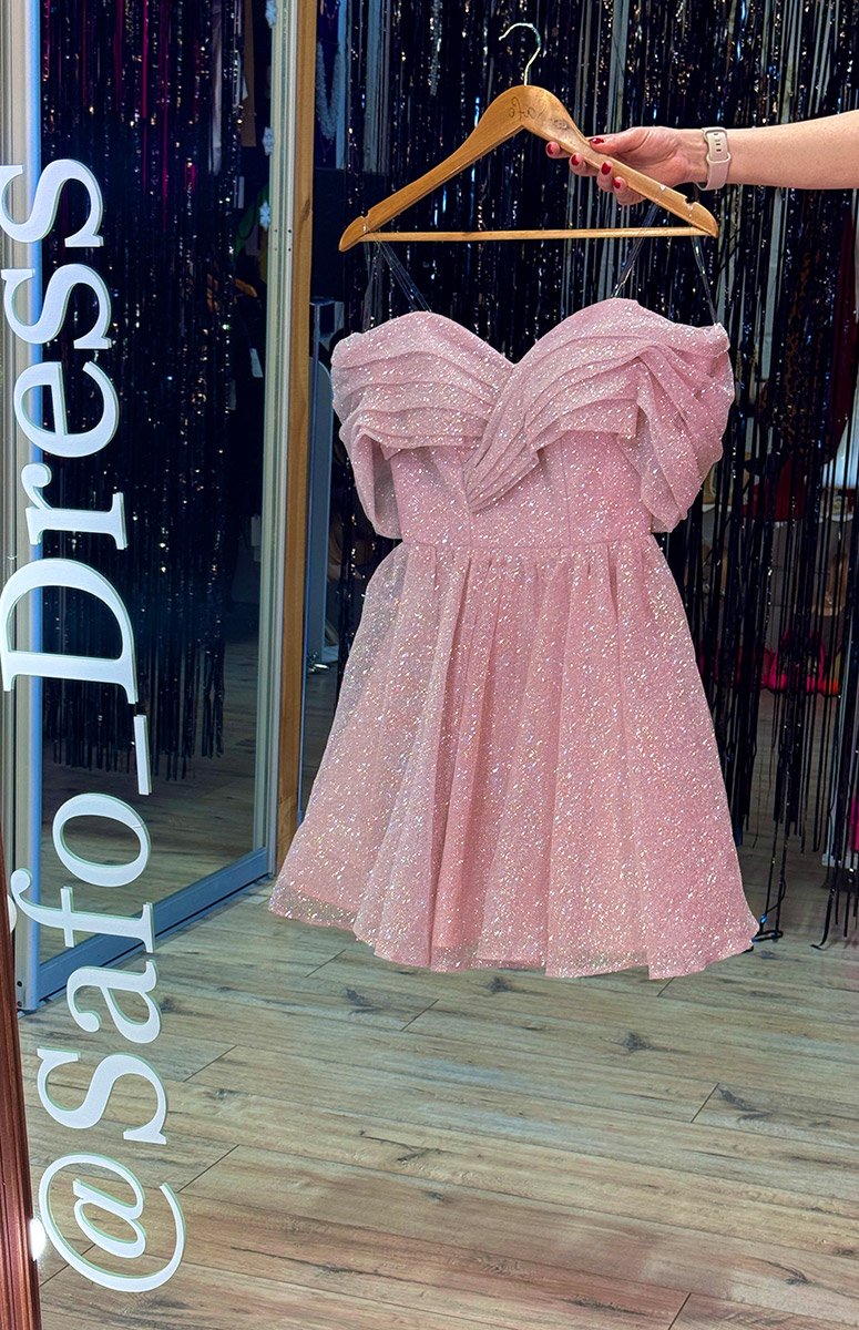 Напрокат блискуча рожева сукня пишна міні