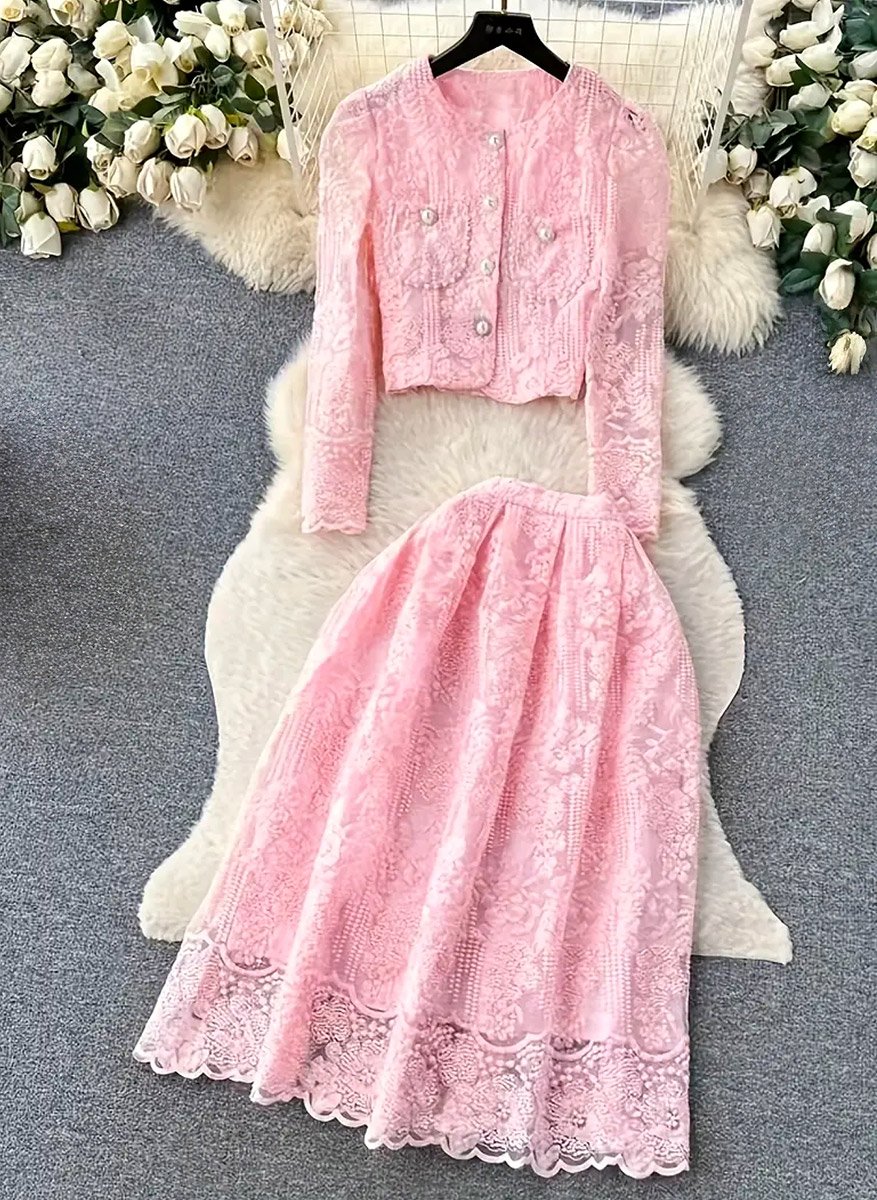 Рожевий мереживний костюм зі спідницею