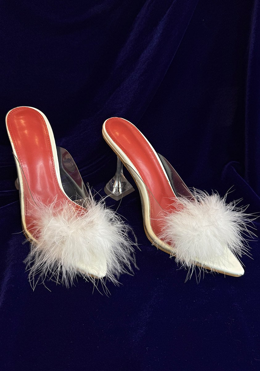 Прозорі босоніжки з білим пухом