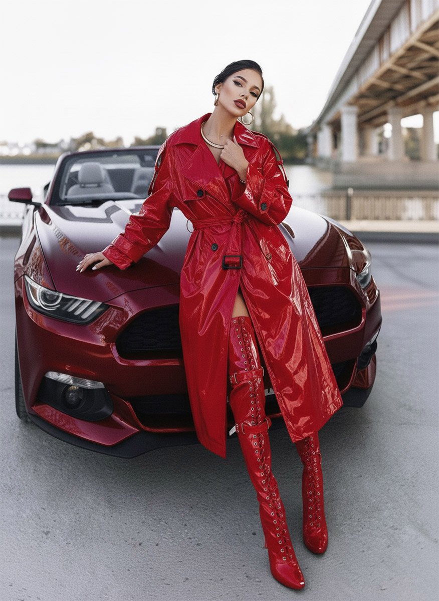 Лакові червоні ботфорти з ремінцями