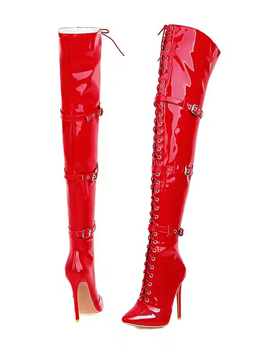 Лакові червоні ботфорти з ремінцями