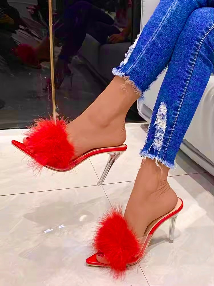 Мюлі червоні з пухом