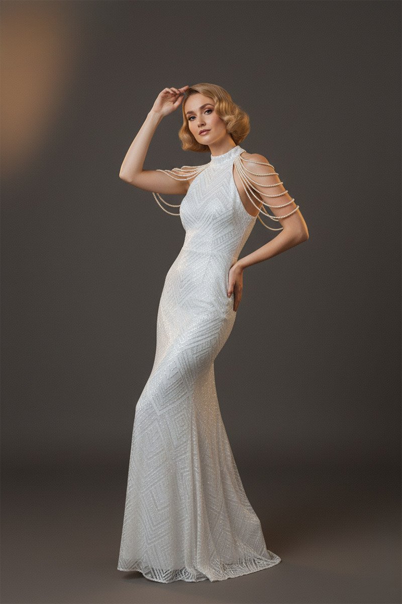 Біла сукня з намистинами на плечах