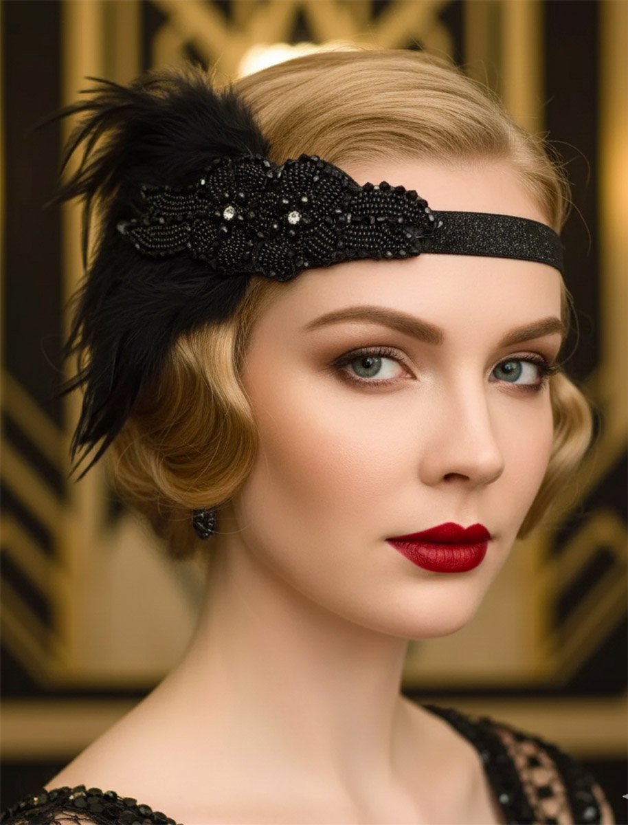 Повʼязка Гетсбі чорна з чорним бісером