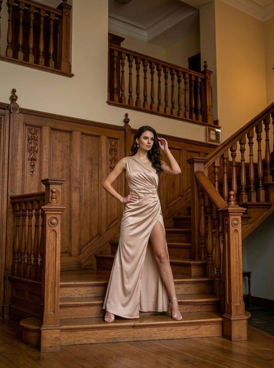 Бежева вечірня сукня з розрізом