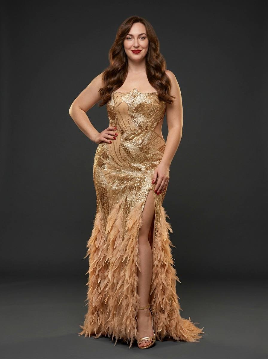 золота сукня з пірʼям